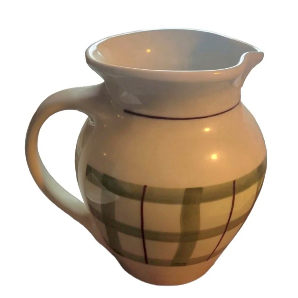 Hartstone Pottery Green Buffalo Plaid Bulb Pitcher 64 Oz. Vintage 1985